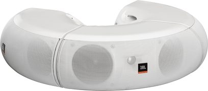 JBL Control Now hvid højttaler, set forfra, oval form, hvid gitterbeklædning, sort JBL-logo i midten
