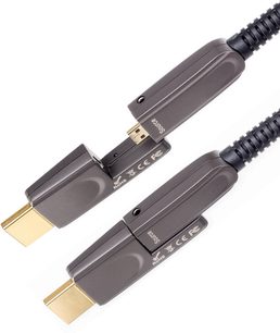 Două cabluri HDMI Inakustik HDMI-Micro 2.0 din fibră optică de 10m gri închis cu conectori auriți, văzute de sus