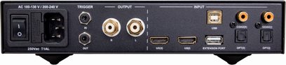 Convertor audio DAC Nuprime DAC-8 negru, vedere din spate, conexiuni audio digitale și analogice, alimentare, port USB