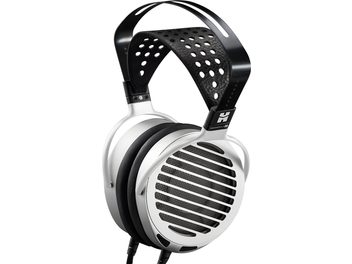 Auriculares de alta fidelidad abiertos Hifiman Shangri-La jr, vista frontal, rejillas negras perforadas, carcasas negras y plateadas, diadema negra