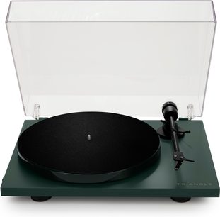 Platine vinyle Triangle Lunar 1 vert sur socle vert, plateau noir mat, bras de lecture noir, capot anti-poussière transparent