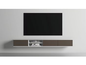 Nástenný audio-video nábytok Unnu Classic Series Model 1540 z bieleho dreva, dvierka v farbe taupe, stredová nika s knihami