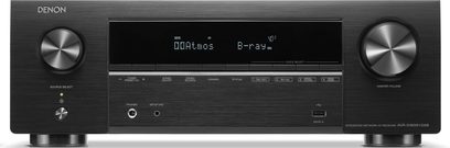 Sort frontpanel på en Denon AVR-X1800H DAB hjemmebiograf-forstærker med LCD-skærm, knapper og stik i forside-visning