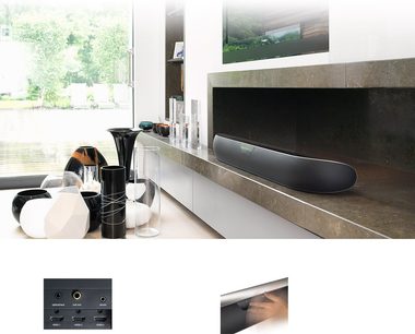 Bowers & Wilkins' buede Panorama 2 sort soundbar, set forfra, placeret på en grå stenbordplade
