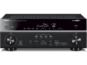 Yamaha RX-V779 juodas namų kino stiprintuvas, priekinis vaizdas, juoda priekinė dalis su mėlynu ekranu, priekiniai mygtukai ir lizdai