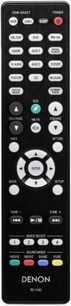 Sort Denon RC-1185 fjernbetjening med grå og hvide knapper, set forfra