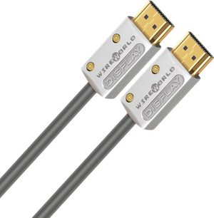 Два сребристосиви HDMI кабела Wireworld Display със златисти конектори, разположени успоредно на бял фон