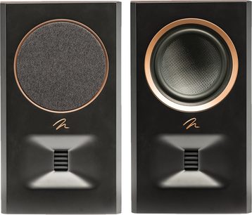 Zadní reproduktor MartinLogan Motion MP10 v ořechovém provedení se dvěma jednotkami, jedna s kruhovým krytem a druhá s viditelným reproduktorem obklopeným zlatým kroužkem, stylizované logo dole, černý obdélníkový výfuk pod ním