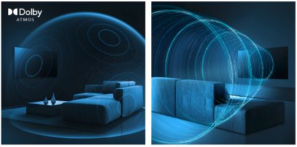 Sala con sofá azul, mesa de centro, televisión en la pared, efectos visuales de sonido envolvente Dolby Atmos