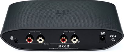 iFi Audio Zen Air Can sort hovedtelefon-forstærker set forfra, med 2 RCA-indgange, 2 jackudgange på 6,35 mm og en USB-port på forsiden
