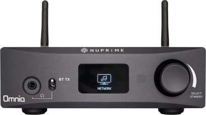 Ampli hi-fi stereo Nuprime Omnia WR-2 černý, přední panel s displejem, tlačítky, konektory pro sluchátka a síť, pohled zepředu