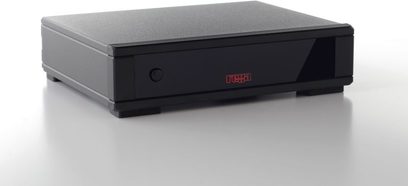 Rega Fono MM MK5 black phono preamplifier, flat rectangular enclosure, front panel with red "REGA" LED, front view