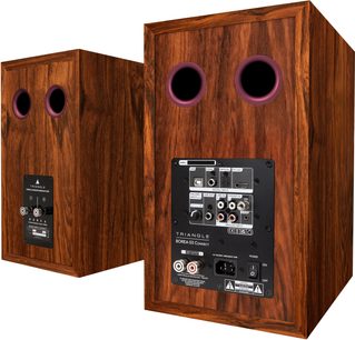 Două boxe Triangle BR03 Connect, finisaj din lemn maro, vedere din spate, dublu port bass-reflex și panou de conectică