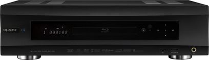 OPPO BDP-105D sort 4K Blu-ray-afspiller, set forfra, sort front med blå display, knapper og diskskuffe