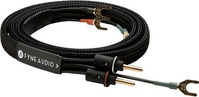 Cablu de boxe Fyne Audio SC1 negru împletit, rulat, cu conectori tip banană și furci placate cu aur la capete