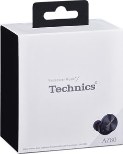 Technics EAH-AZ80 åbne hi-fi-hovedtelefoner i sort set forfra i deres emballage, inklusive transportetui