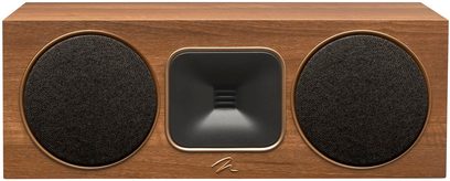 Centrální reproduktor MartinLogan Foundation C1 v ořechovém provedení, pohled zepředu, dřevěná skříň, 2 černé kruhové reproduktory, centrální černý obdélníkový výškový reproduktor