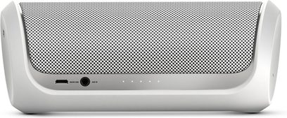 Witte draagbare JBL Flip 2 luidspreker, vooraanzicht, zwarte rooster met ronde patronen, knoppen aan de rechterkant