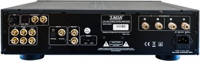 Taga Harmony HTA-1200 sort stereo hi-fi-forstærker, set forfra, close-up af tilslutninger og betjeningselementer