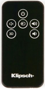 Sort Klipsch SB-3 fjernbetjening med 5 runde hvide knapper og det hvide Klipsch-logo, set forfra