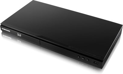 Samsung BD-E5500 sort Blu-ray-afspiller, set forfra i let nedadgående vinkel, frontpanel med logo og knapper