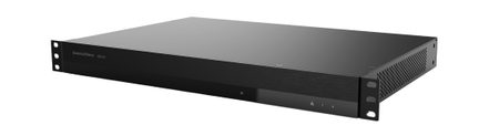 Černé 1U rackové zařízení z kovu, broušený čelní panel Bowers & Wilkins, kontrolky a tlačítko, boční mřížky, pohled ze tří čtvrtin