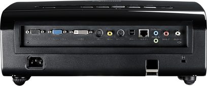 Optoma EX525ST-videoprojektor, bagside, VGA-, HDMI-, S-Video-, RCA-, RS232-, USB-, Ethernet- og strømtilslutninger