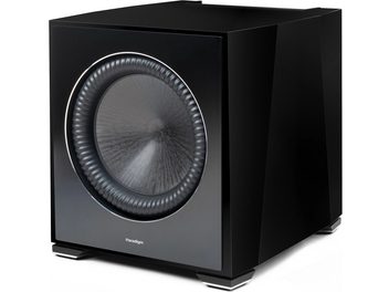 Paradigm XR 13 czarny lakierowany subwoofer, widok z przodu, okrągły centralny głośnik, błyszczące czarne obudowa sześcienna