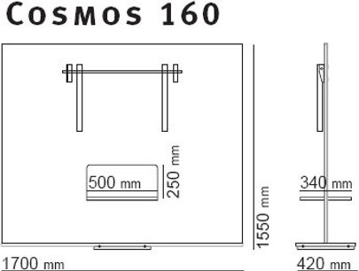 Schroers & Schroers Cosmos 160 audio-videomøbel, teknisk diagram med dimensioner i millimeter, set forfra og fra siden