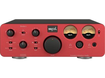 Wzmacniacz słuchawkowy hi-fi SPL Phonitor X czerwony z czerwoną frontową ścianką, dwoma wskaźnikami VU, pokrętłami obrotowymi i przełącznikami dźwigniowymi
