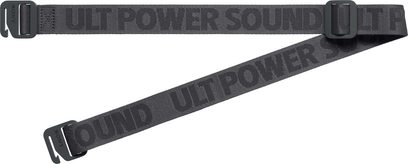 Šedý textilní popruh s nápisem „ULT POWER SOUND“ a kovovými přezkami s gravírovaným logem Sony, pohled shora, příslušenství pro reproduktor Sony ULT Field 3