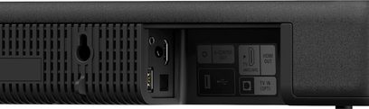 Sony HT-A3000 soundbar, set bagfra, synlige stik: HDMI, USB, S-Center Out, TV eARC/ARC, TV In (Opt)