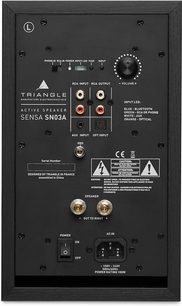 Aktiv Triangle SENSA SN03A højttaler, bagsigte der viser tilslutninger og justeringer, Black ash finish