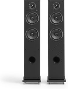 Pár sloupových reproduktorů Elipson Horus 11 Active BT Phono v matné černé, s tweeterem, dvěma woofery a čelním bassreflexem na hrotech