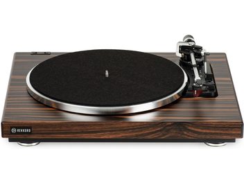 Picup de viniluri Rekkord F400 macassar, disc negru mat, braț de citire cu celulă 2M red, carcasă din lemn venit, vedere de sus 3/4 față