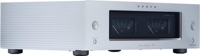 Finale di potenza Onkyo ICON M‑80 in alluminio argento, due VU‑meter, pulsanti a sinistra, manopola a destra, vista 3/4 anteriore sinistra