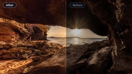 Cavidade rochosa de tom ocre acastanhado com textura estratificada, vista interior voltada para o mar, areia dourada e pedras caídas no chão, céu claro e sol baixo no horizonte; cena dividida verticalmente com a versão iluminada "After" à esquerda e a versão escurecida "Before" à direita