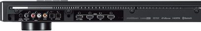 Yamaha YSP-2500 sort soundbar set forfra, med HDMI-, USB- og andre tilslutninger på bagsiden