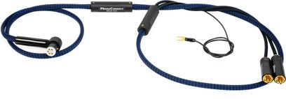 Cavo phono Thorens PhonoConnect PHS 150 DIN-RCA 1,5 m visto dall’alto, guaina intrecciata in nylon blu e nero, due connettori RCA maschio con contatti dorati, connettore DIN maschio a 5 poli nero, filo di massa con forcella e due cilindri neri anti-interferenza