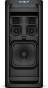 Cassa Bluetooth portatile Sony ULT Tower 9 nera, corpo rettangolare in plastica opaca, vista frontale, logo luminoso in alto e diversi altoparlanti di varie dimensioni sulla parte anteriore