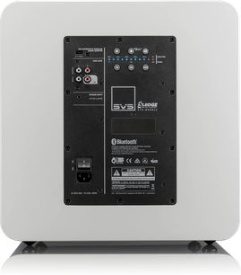 SVS SB-3000 vit lackerad basreflexlåda, frontvy, anslutningar och kontroller synliga på svart bakpanel