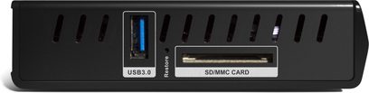 Multimediální přehrávač Zappiti Mini 4K HDR černý, přední strana s porty USB 3.0 a SD/MMC, pohled zepředu