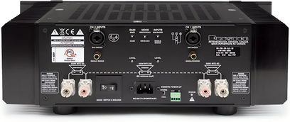 Amplificator de putere Bryston 3B³ negru, vedere din spate cu borne pentru boxe, intrări XLR și RCA