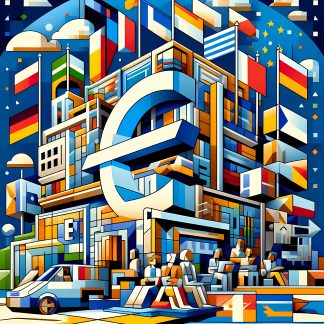 Desenho gráfico misturando bandeiras de países europeus atrás de um grande símbolo do Euro, homens trabalhando e uma van de entrega