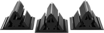 Tre sorte aluminiumskølere i form af en stjerneformet pyramide med mange flanger, set ovenfra