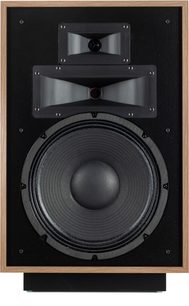 Klipsch Heresy IV højttaler i rød eg, kabinet i rød eg, sort front med to horn og woofer, set forfra