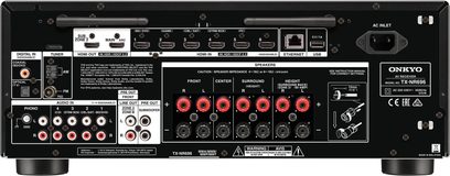 Onkyo TX-NR696 sort hjemmebiografsforstærker, frontpanel, tilslutninger og kontrolknapper, 7 kanaler, 165W per kanal