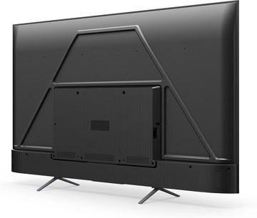 TCL 75C721 sort TV, bagfra, trapezformet ramme, tekstureret bagside, metalben der hælder udad