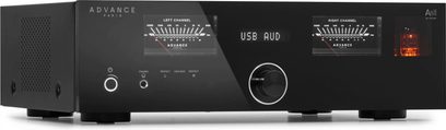 Stereo-forstærker Advance Paris A8 APEX sort, metalkabinet, frontvisning, VU-metre, USB-skærm, volumenknap, oplyst rør