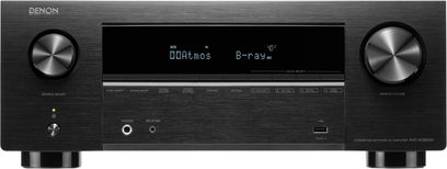 Sort Denon AVC-X2850H hjemmekinoforsterker, front med stor skjerm i midten og to store dreieknapper på sidene
